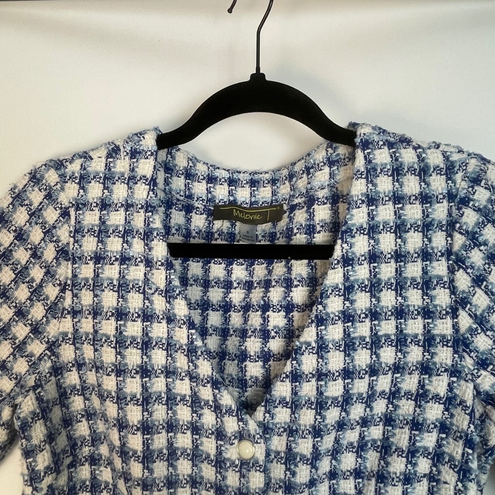 Melonie Women's Blue White Gingham Tweed Button Country Club Preppy Mini Dress 6 - Picture 6 of 8